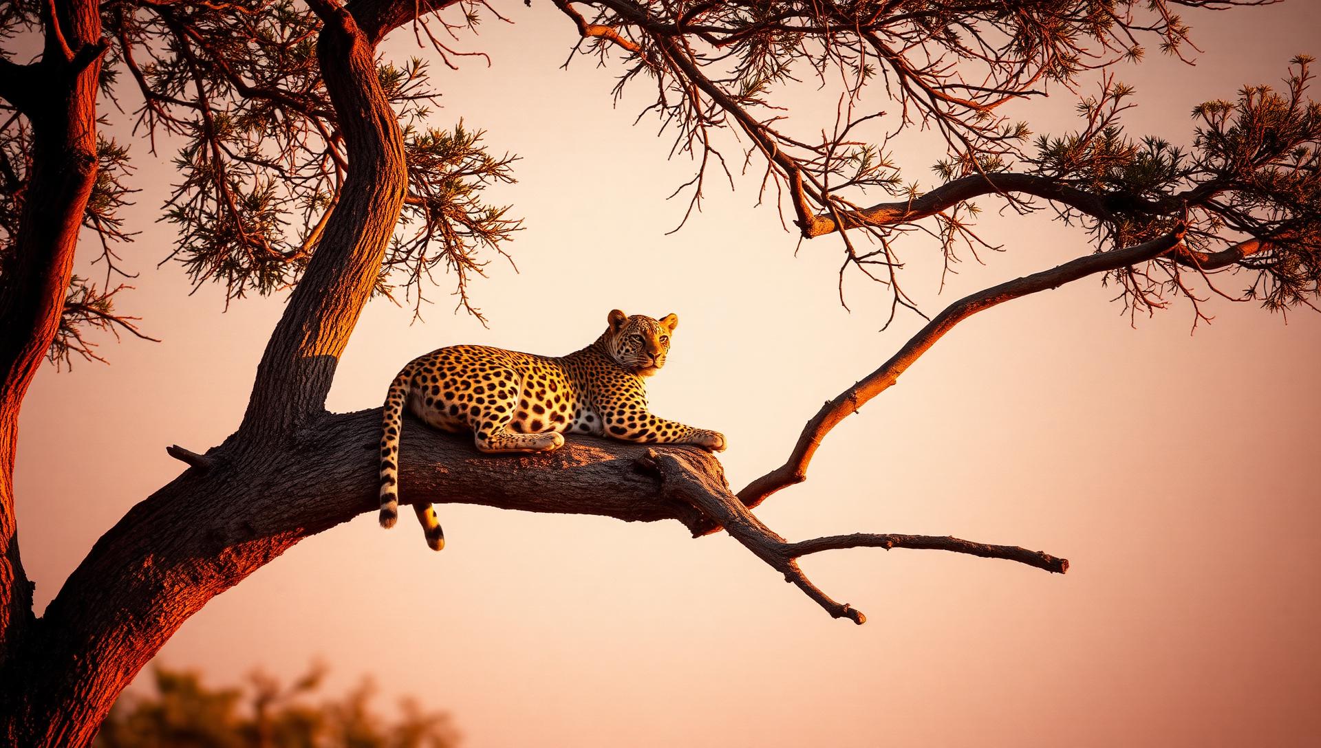 A leopard lounging on a thick branch high in an acacia tree at golden hour.