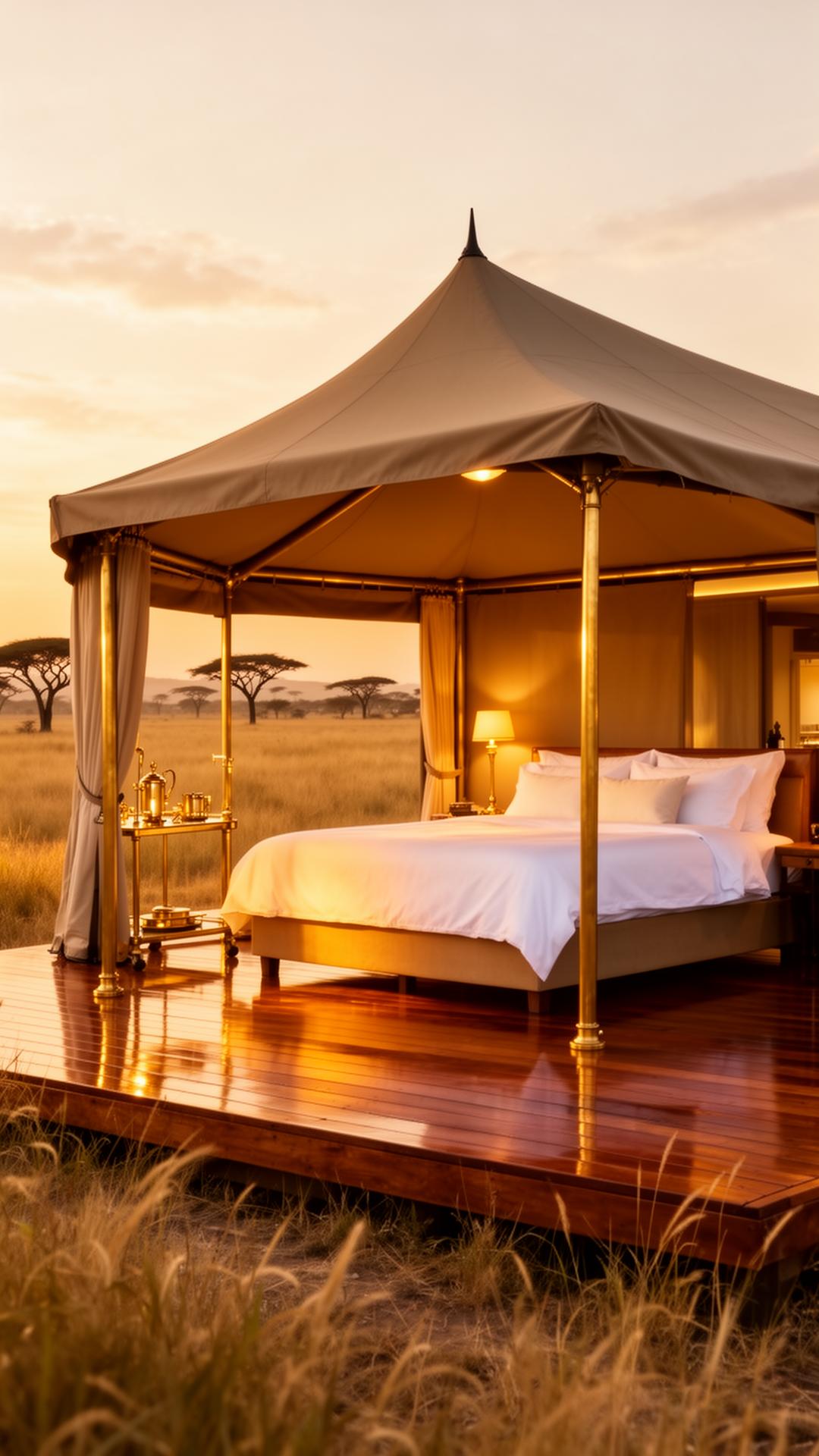 Luxury tented suite at golden hour in the Serengeti.