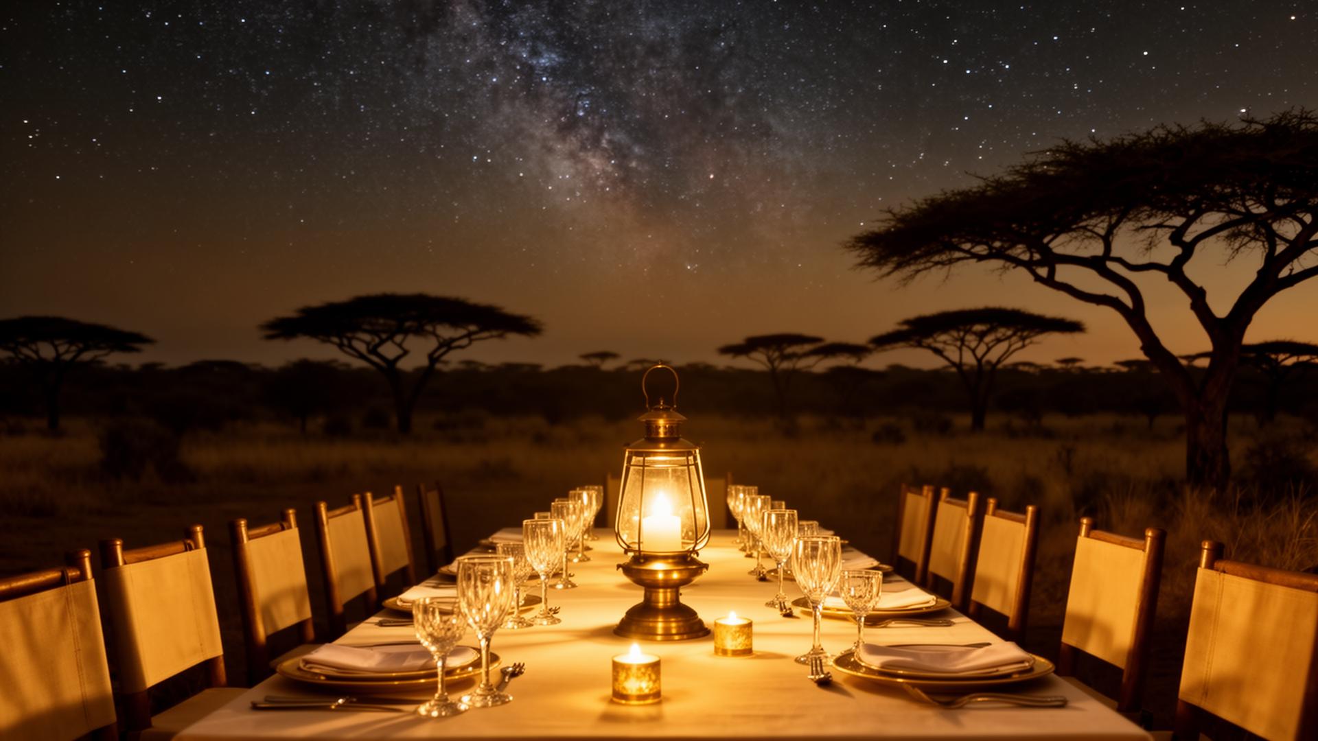 A candlelit private dinner under the African night sky.