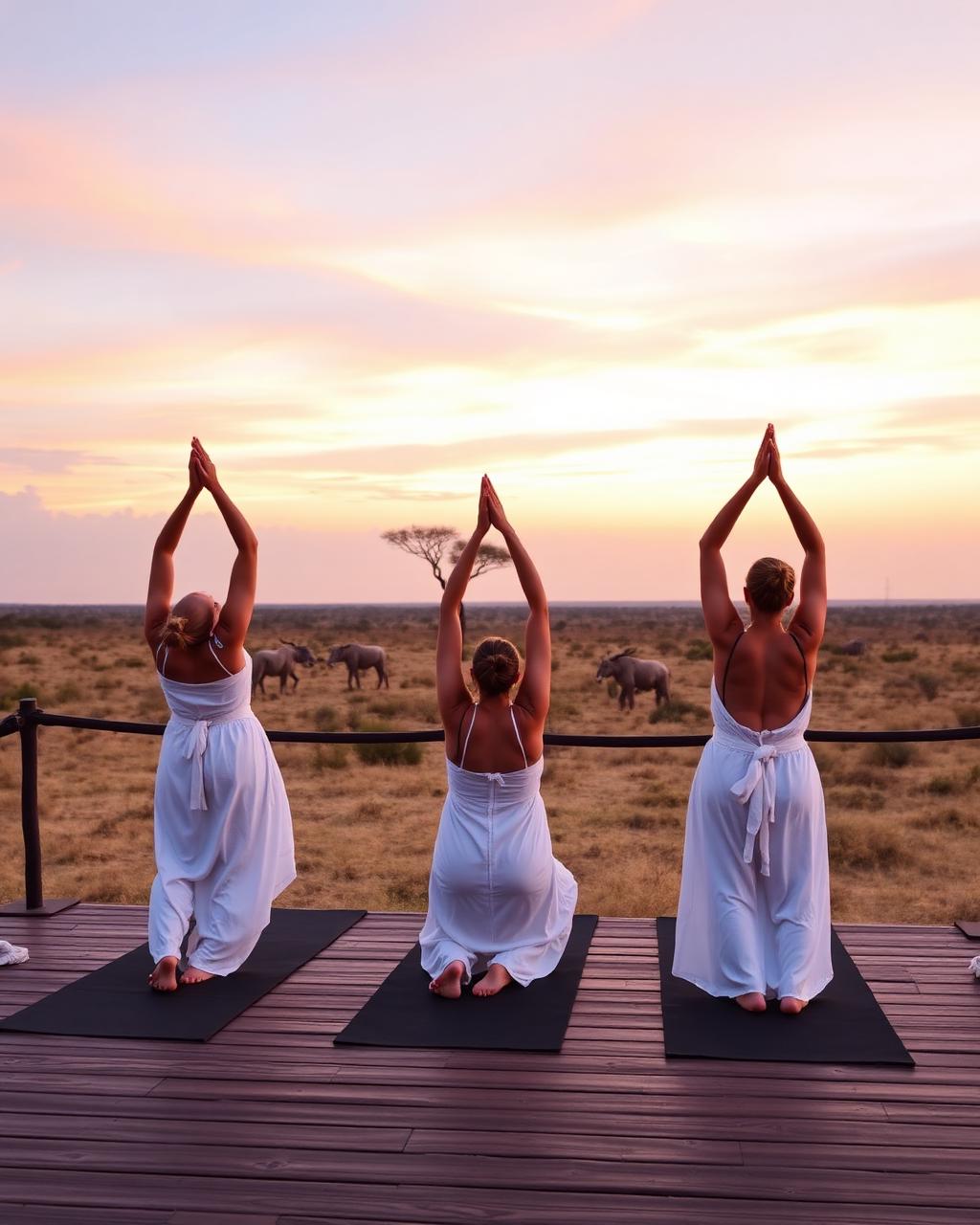 Three women practicing yoga on a wooden deck at sunrise over the Serengeti.